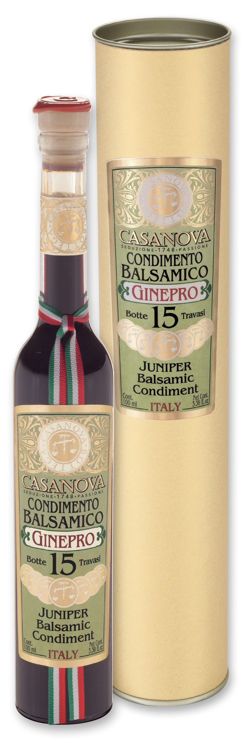 Condimento Balsamico al Ginepro Qualità 15 100 ml Casanova, bottiglia con confezione cilindrica.