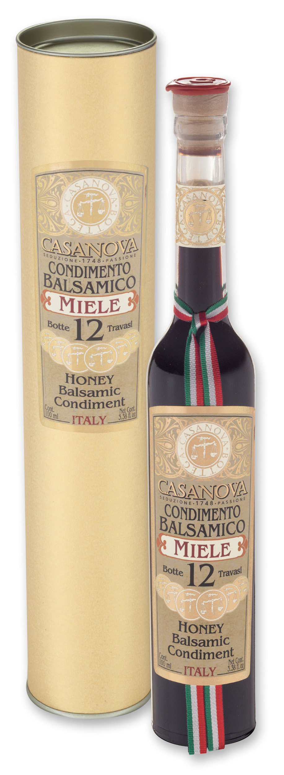 Condimento Balsamico al Miele Qualità 12 100 ml Casanova, bottiglia con confezione cilindrica.