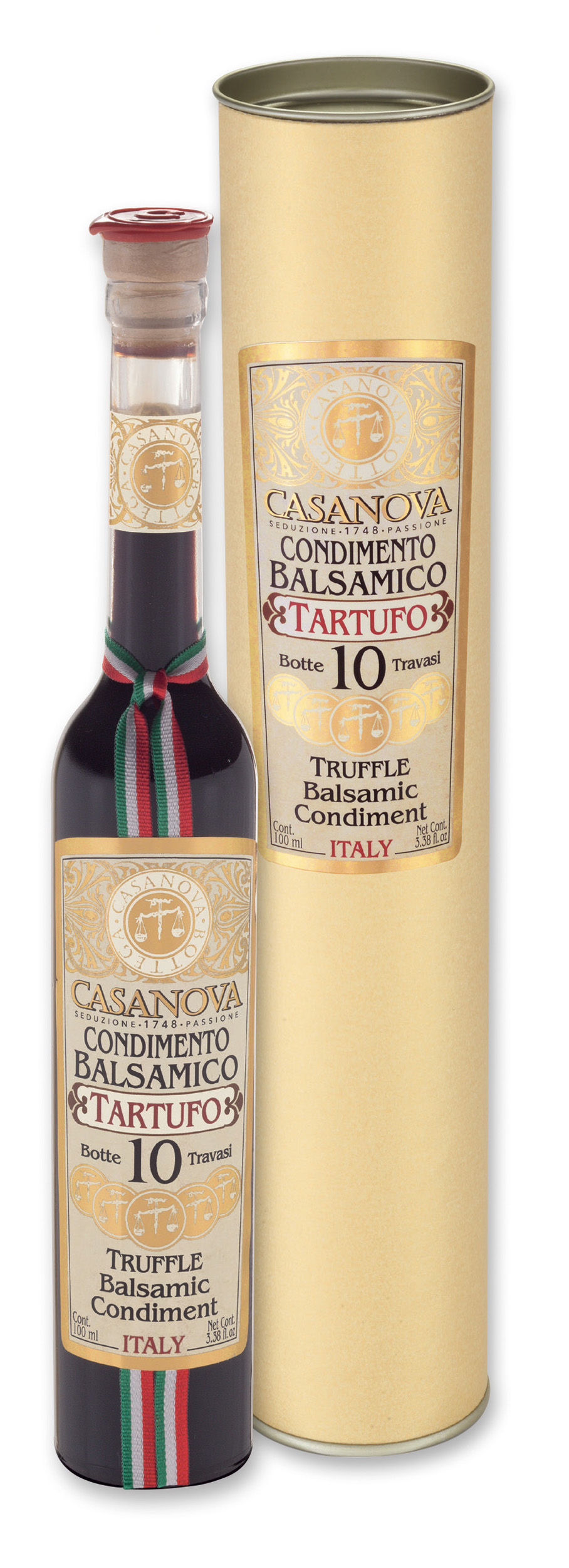 Condimento Balsamico al Tartufo Qualità 10 100 ml Casanova, bottiglia con confezione cilindrica.