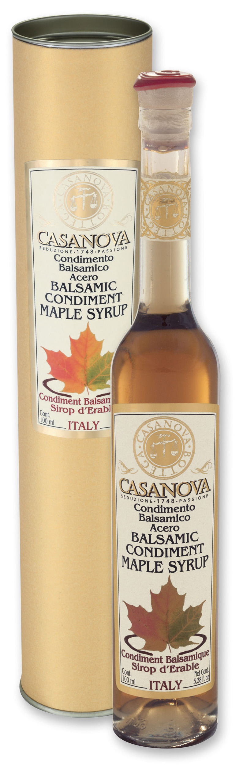 Condimento Balsamico all'Acero 100 ml Casanova, bottiglia con confezione cilindrica.