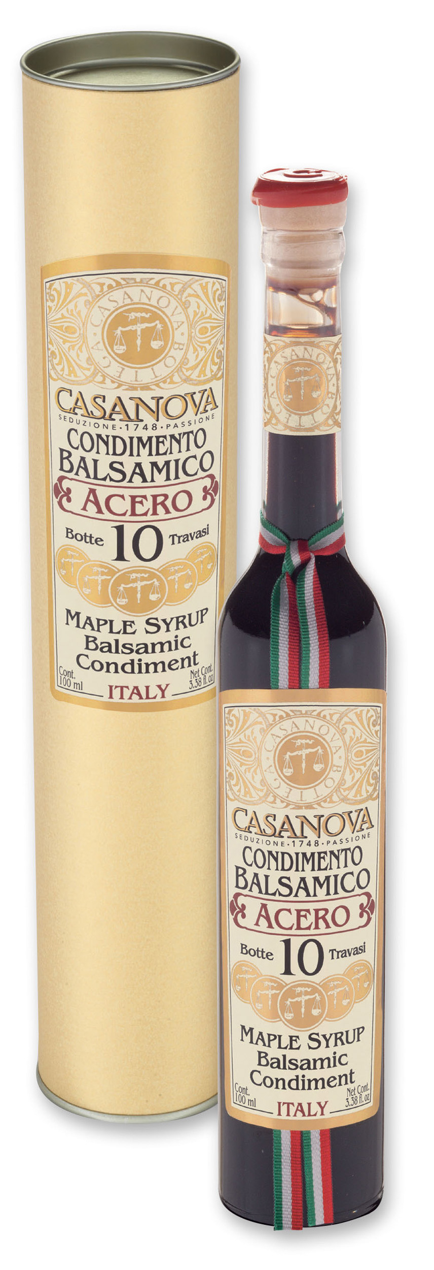 Condimento Balsamico all'Acero Qualità 10 100 ml Casanova, bottiglia con confezione cilindrica.