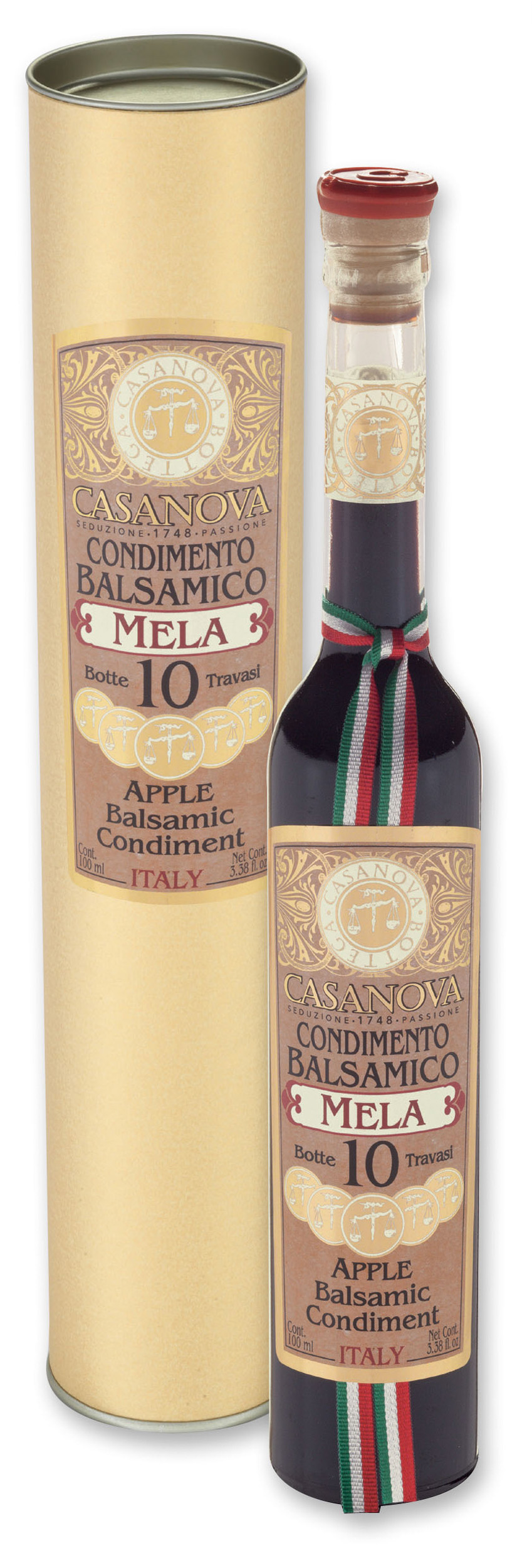 Condimento Balsamico alla Mela Qualità 10 100 ml Casanova, bottiglia con confezione cilindrica.