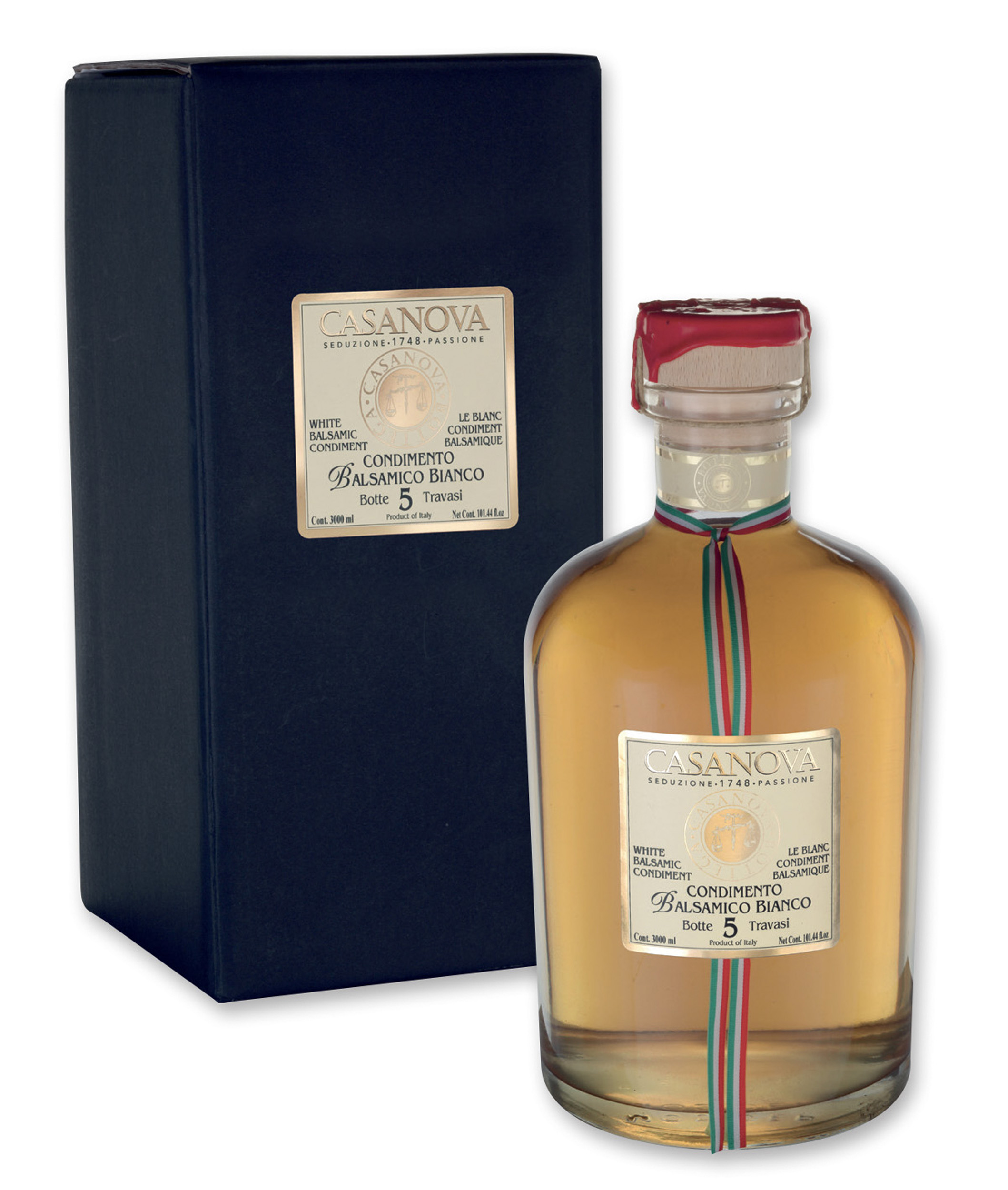 Condimento Balsamico Bianco 5 Travasi 3 l Casanova, bottiglia con astuccio.