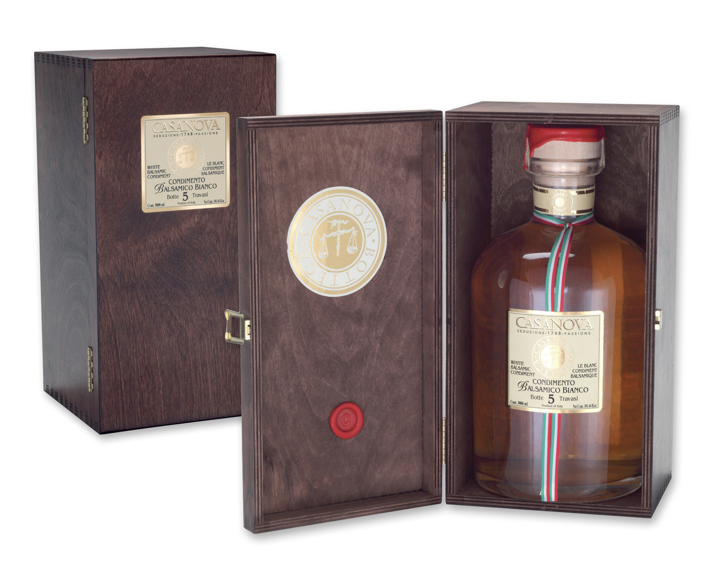 Condimento Balsamico Bianco 5 Travasi 3 l Casanova, bottiglia con cofanetto in legno.