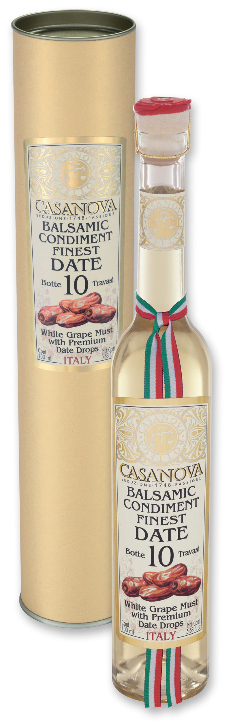 Condimento balsamico bianco al dattero Qualità 10 100 ml Casanova, bottiglia con confezione cilindrica.