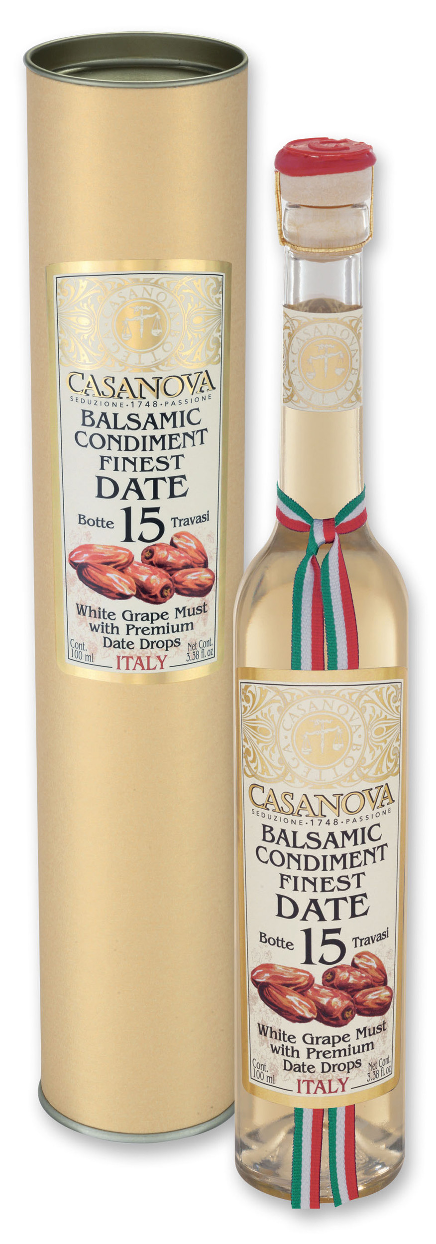 Condimento balsamico bianco al dattero Qualità 15 100 ml Casanova, bottiglia con confezione cilindrica.