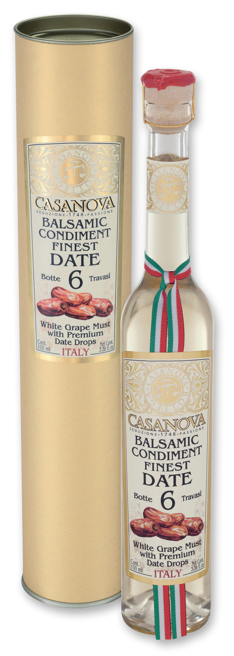 Condimento balsamico bianco al dattero Qualità 6 100 ml Casanova, bottiglia con confezione cilindrica.