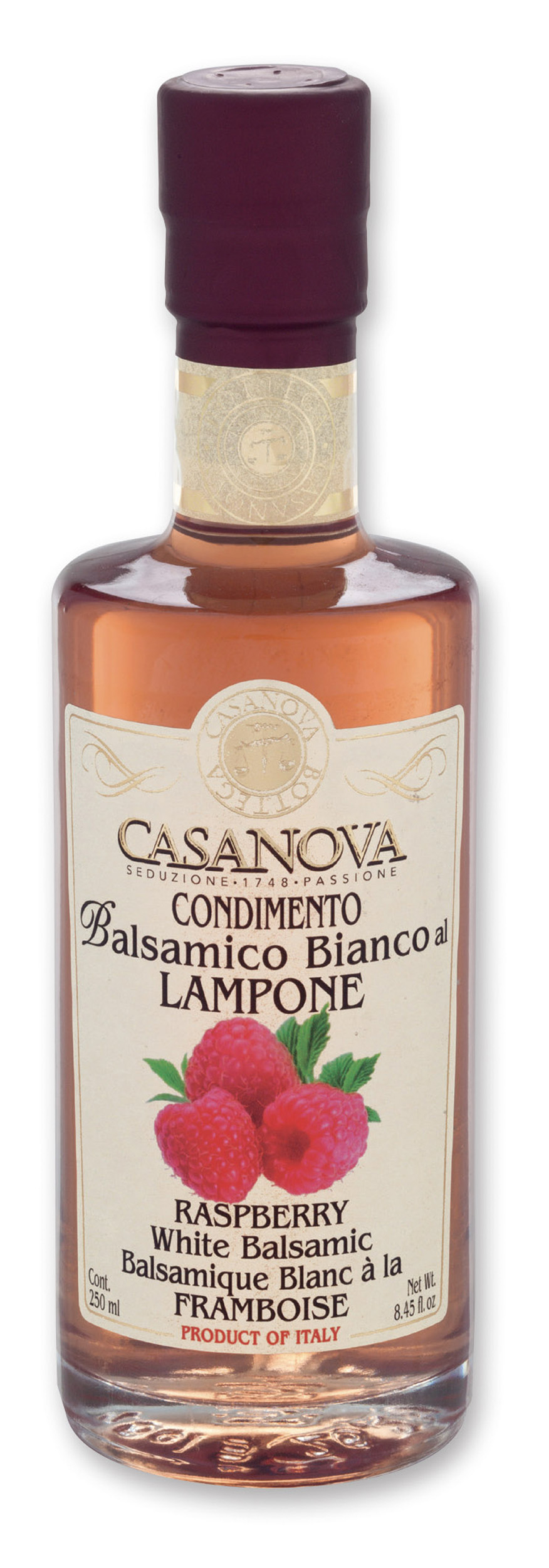 Condimento Balsamico Bianco al Lampone 250 ml Casanova, bottiglia.