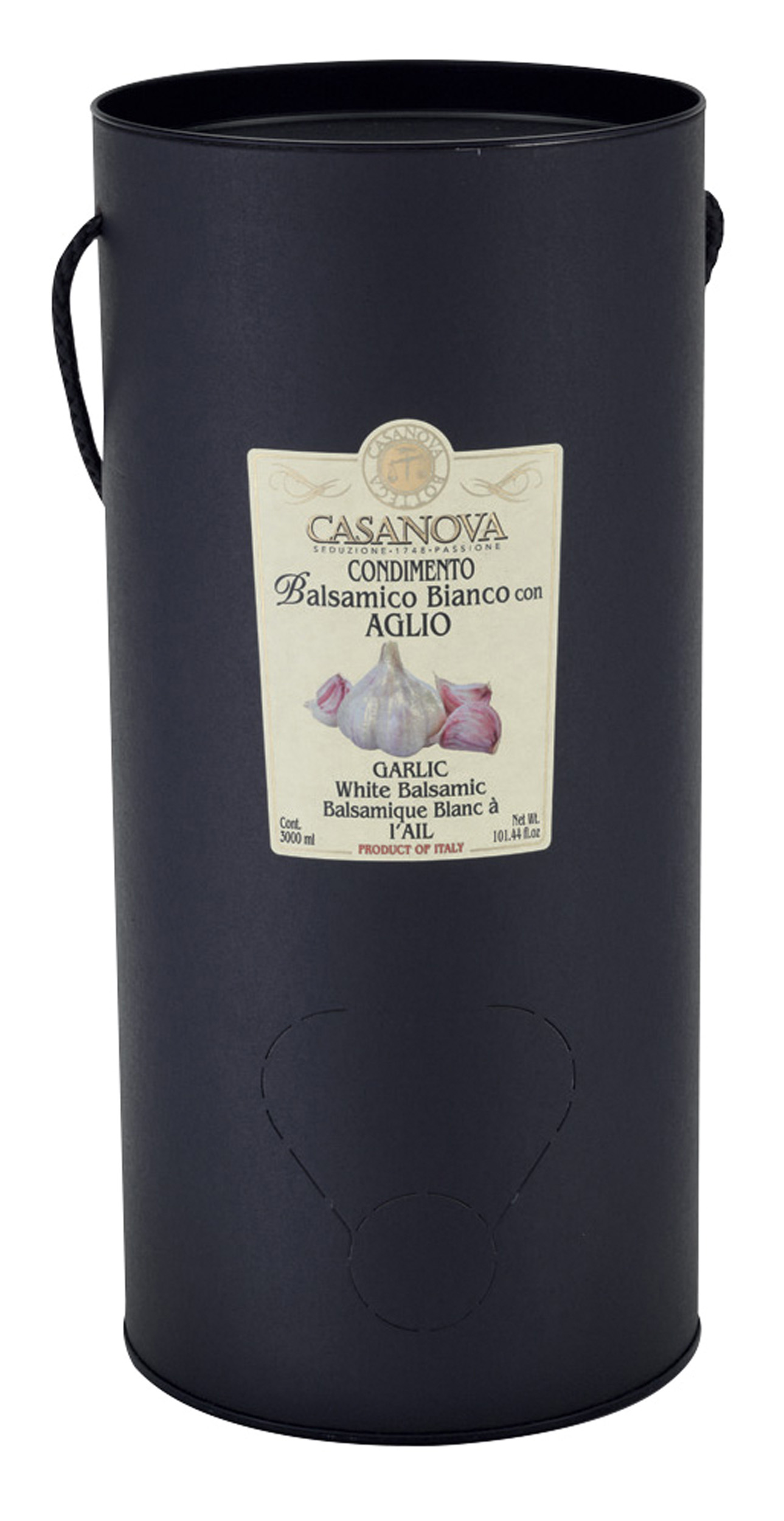 Condimento Balsamico Bianco aromatizzato Aglio Bag in Tube 3 l Casanova, confezione Bag in Tube nera con manico.