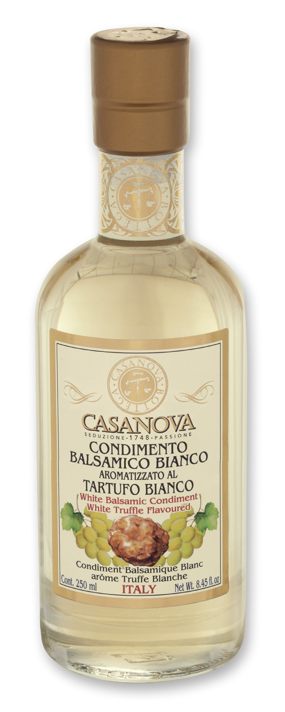 Condimento Balsamico Bianco aromatizzato al Tartufo Bianco 250 ml Casanova, bottiglia.