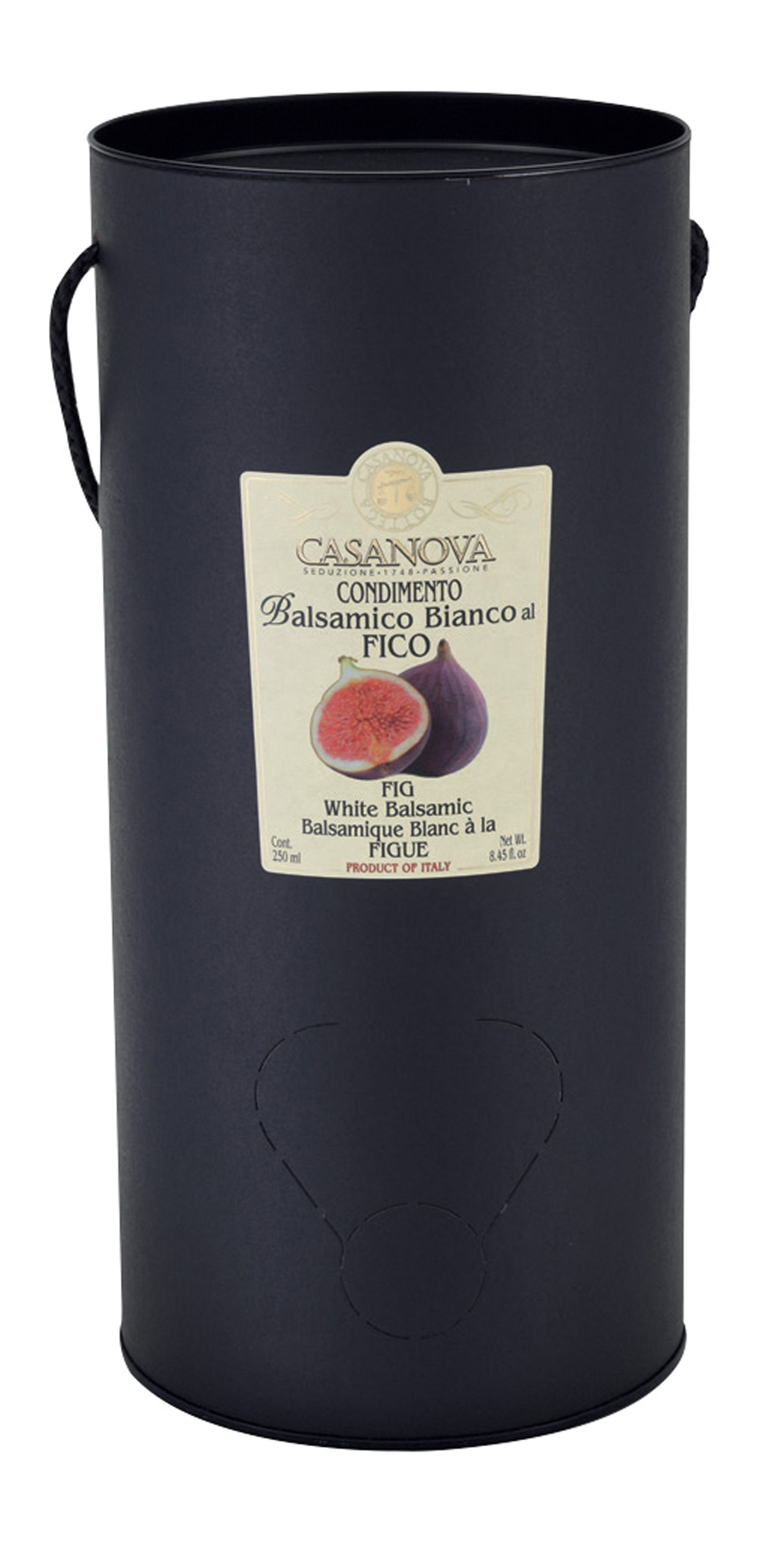 Condimento Balsamico Bianco aromatizzato Fico Bag in Tube 3 l Casanova, confezione Bag in Tube nera con manico.