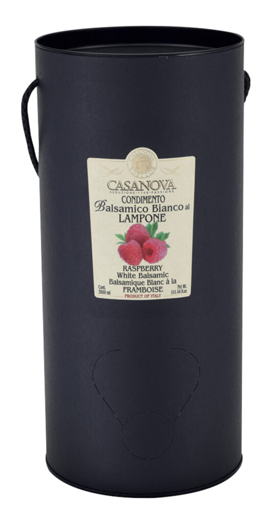 Condimento Balsamico Bianco aromatizzato Lampone Bag in Tube 3 l Casanova, confezione Bag in Tube nera con manico.