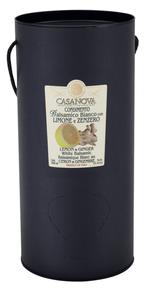 Condimento Balsamico Bianco aromatizzato Limone & Zenzero Bag in Tube 3 l Casanova, confezione Bag in Tube nera con manico.
