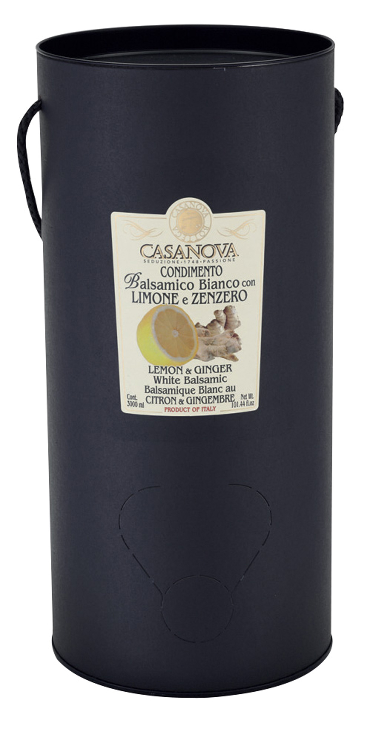 Condimento Balsamico Bianco aromatizzato Limone & Zenzero Bag in Tube 3 l Casanova, confezione Bag in Tube nera con manico.
