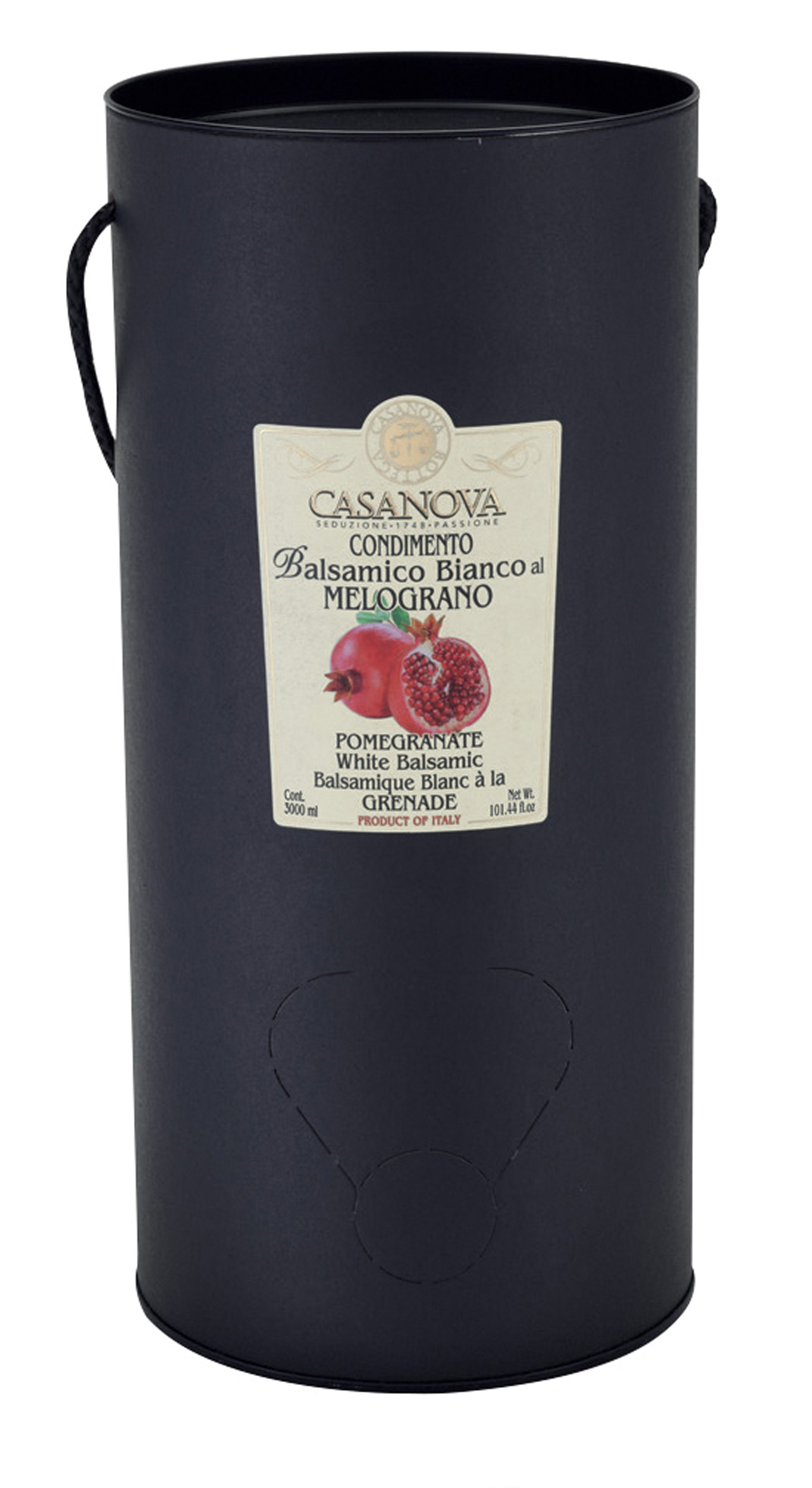Condimento Balsamico Bianco aromatizzato Melograno Bag in Tube 3 l Casanova, confezione Bag in Tube nera con manico.