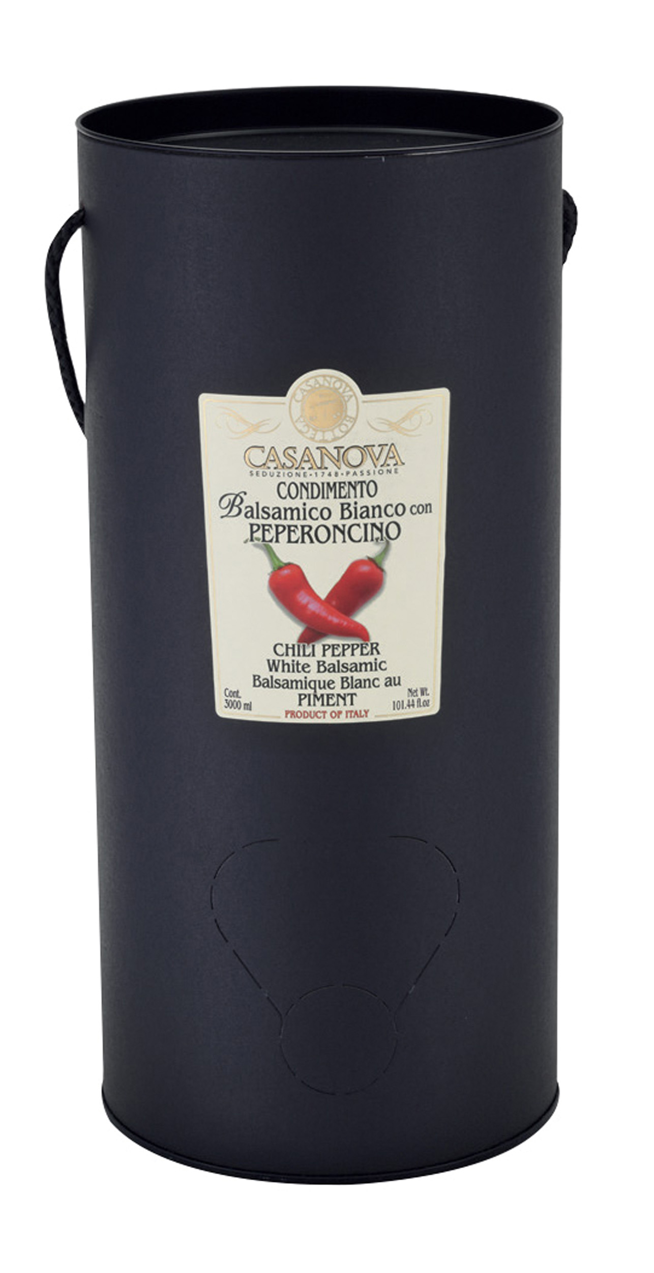 Condimento Balsamico Bianco aromatizzato Peperoncino Bag in Tube 3 l Casanova, confezione Bag in Tube nera con manico.