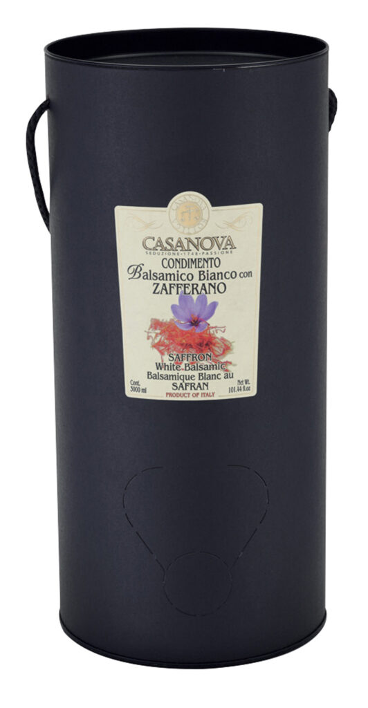 Condimento Balsamico Bianco aromatizzato Zafferano Bag in Tube 3 l Casanova, confezione Bag in Tube nera con manico.
