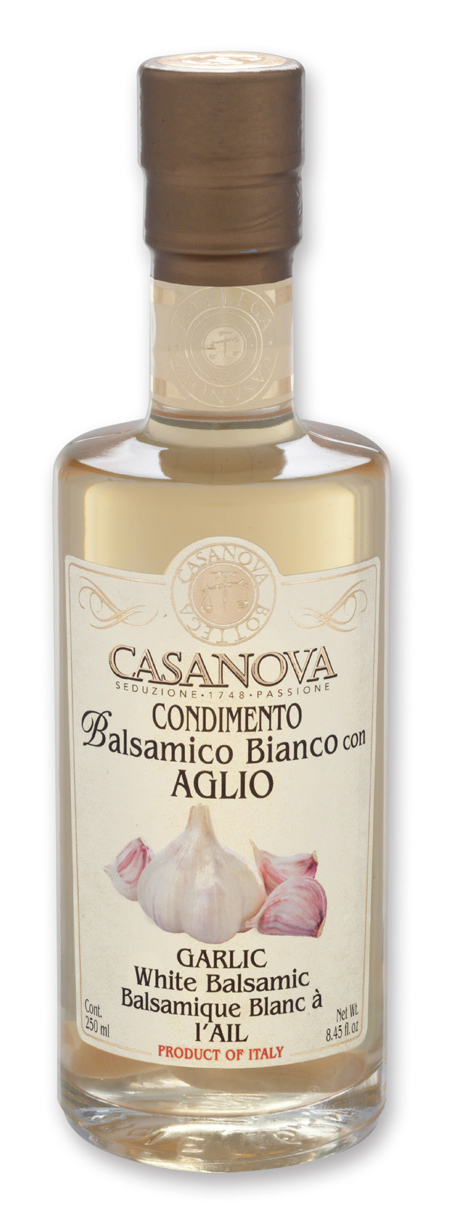 Condimento Balsamico Bianco con Aglio 250 ml Casanova, bottiglia.