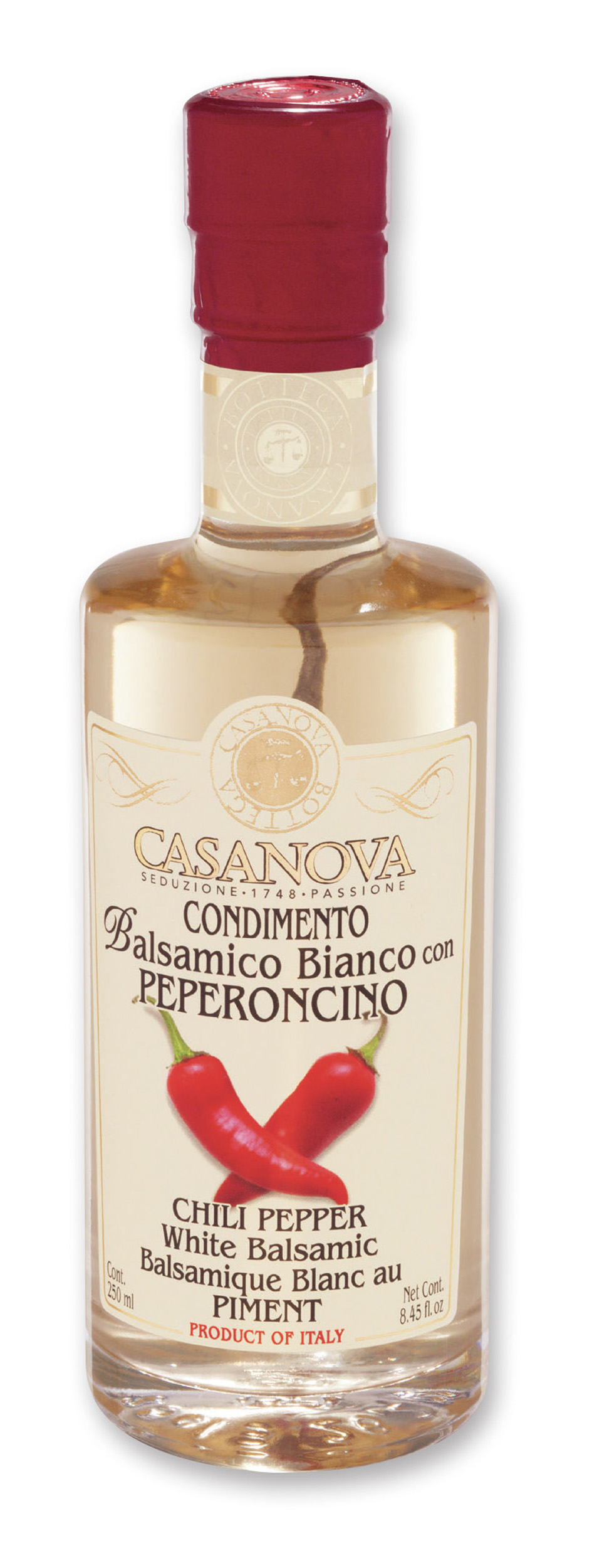 Condimento Balsamico Bianco con Peperoncino 250 ml Casanova, bottiglia.