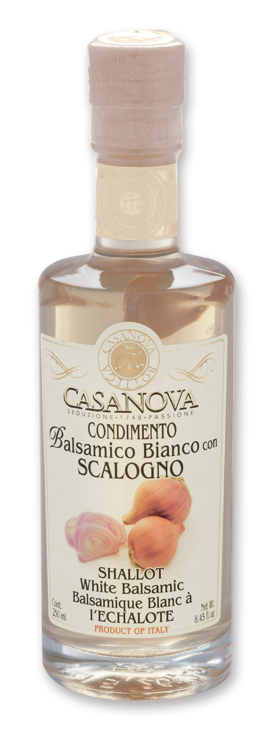 Condimento Balsamico Bianco con Scalogno 250 ml Casanova, bottiglia.