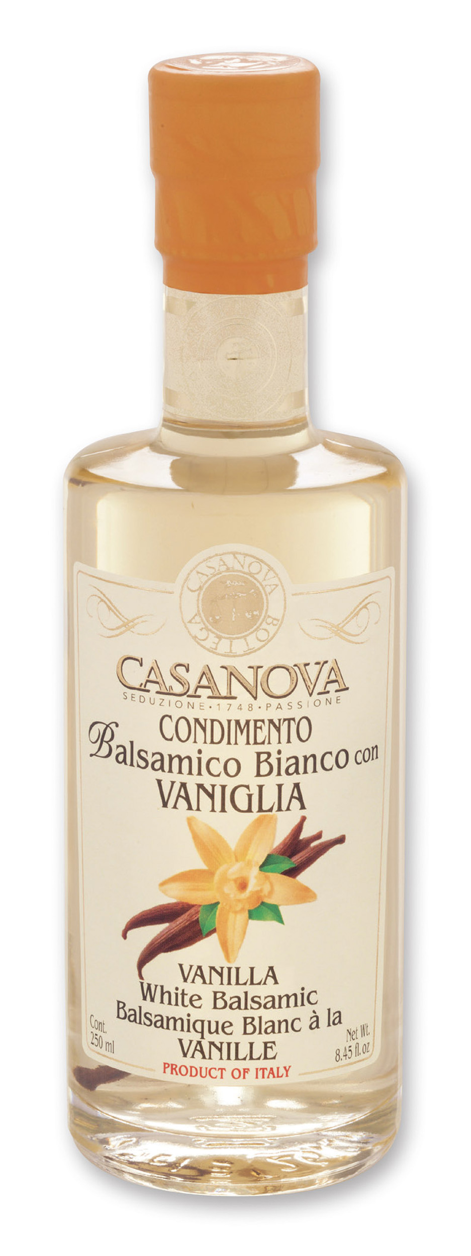 Condimento Balsamico Bianco con Vaniglia 250 ml Casanova, bottiglia.