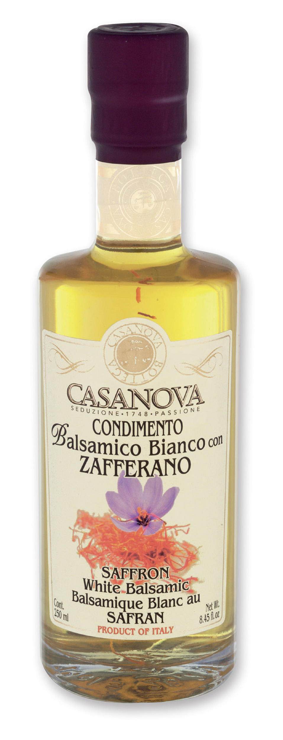 Condimento Balsamico Bianco con Zafferano 250 ml Casanova, bottiglia.