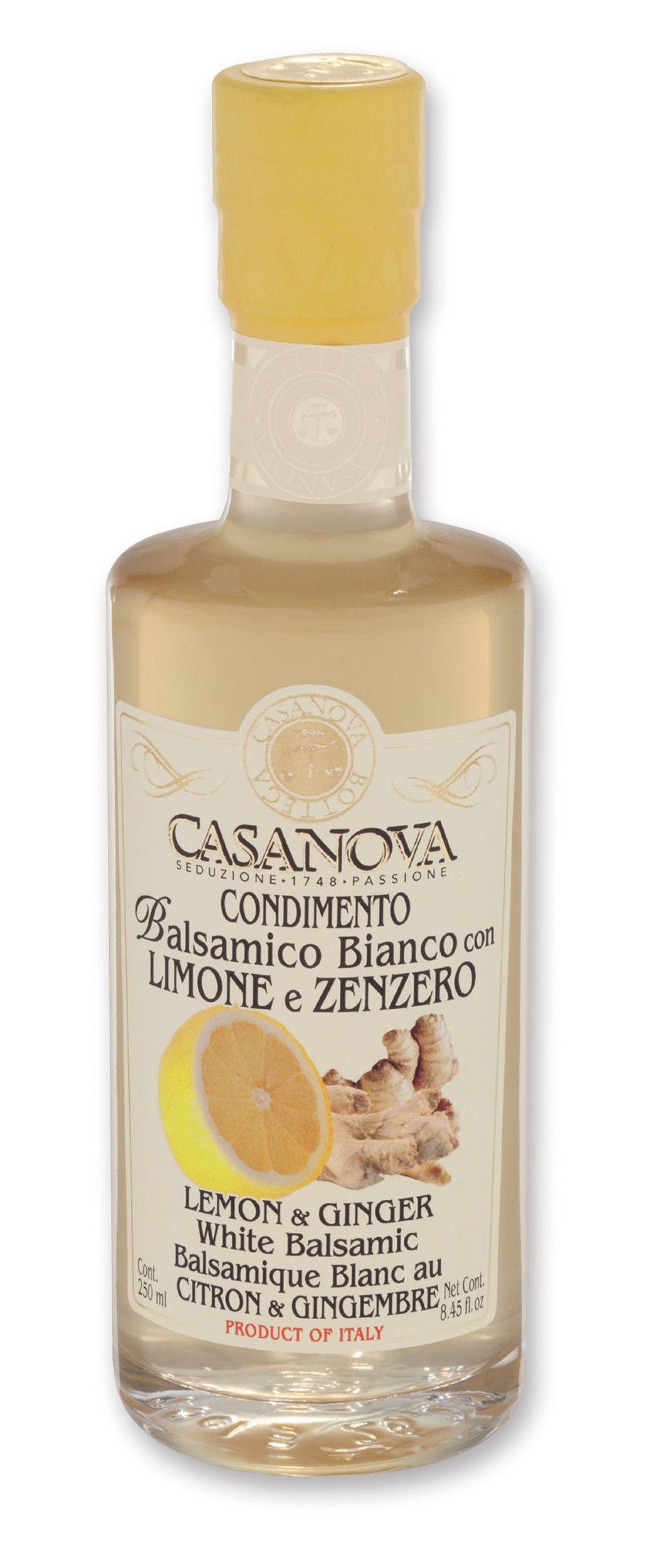 Condimento Balsamico Bianco Limone & Zenzero 250 ml Casanova, bottiglia.