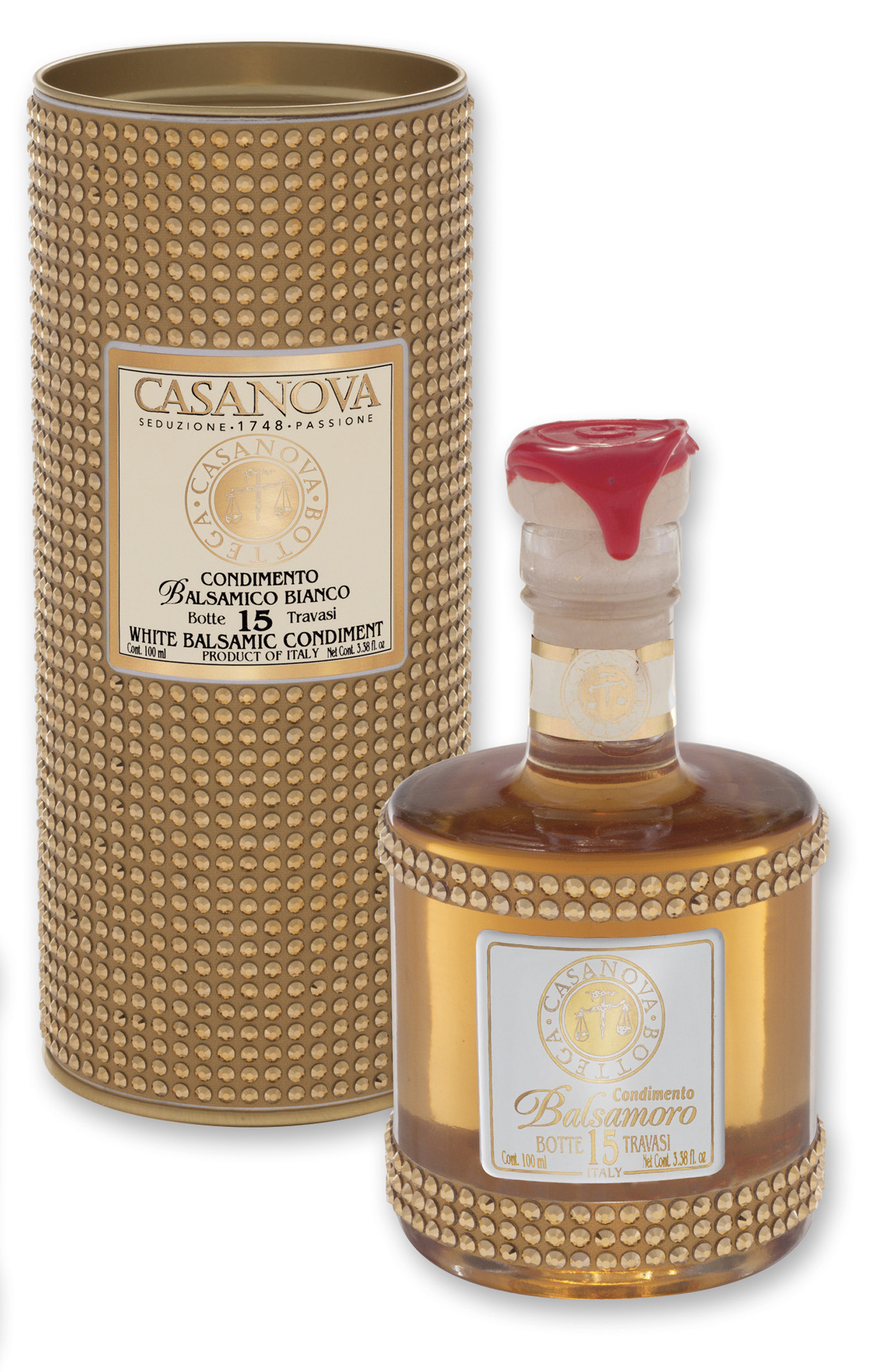 Condimento Balsamico Bianco Qualità 15 BalsamOro Strass 100 ml Casanova, bottiglia con confezione cilindrica.