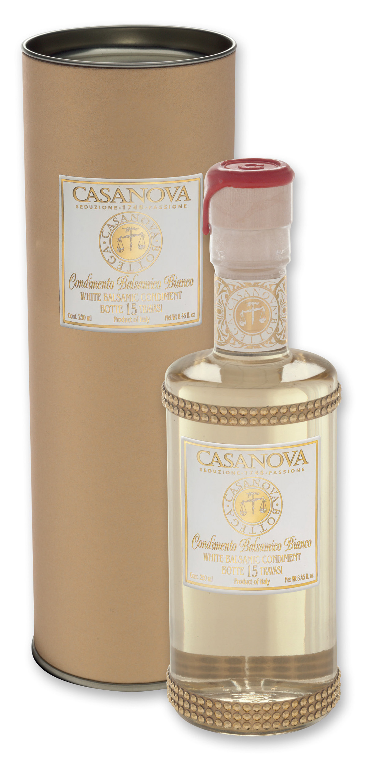 Condimento Balsamico Bianco Qualità 15 Gold Tube 250 ml Casanova, bottiglia con confezione cilindrica.