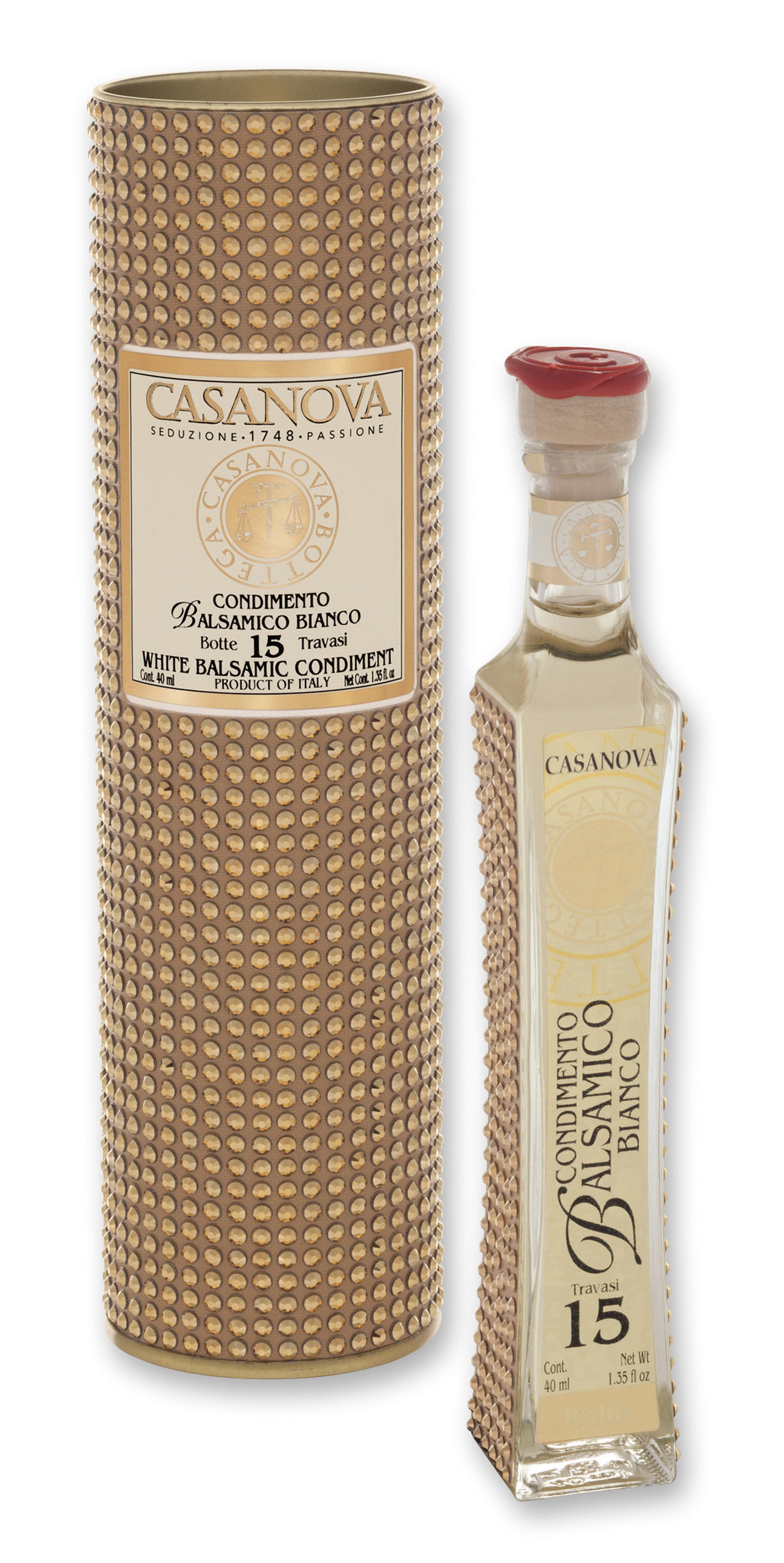 Condimento Balsamico Bianco Qualità 15 Strass 40 ml Casanova, bottiglia con confezione cilindrica.