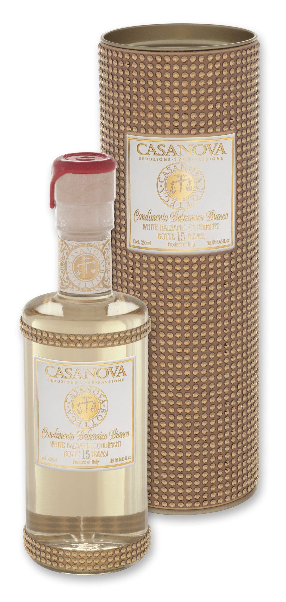 Condimento Balsamico Bianco Qualità 15 Strass Tube 250 ml Casanova, bottiglia con confezione cilindrica.