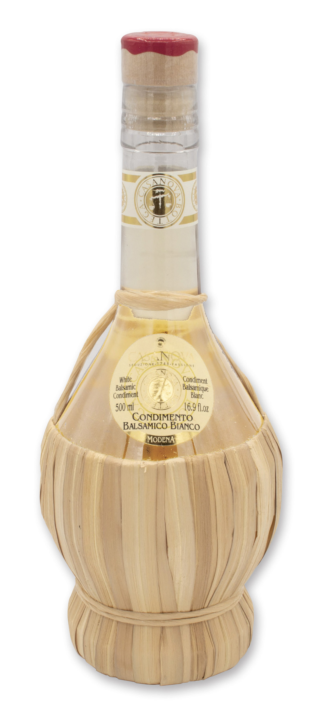 Condimento Balsamico Bianco Qualità 5 500 ml Casanova, bottiglia con rivestimento in paglia.