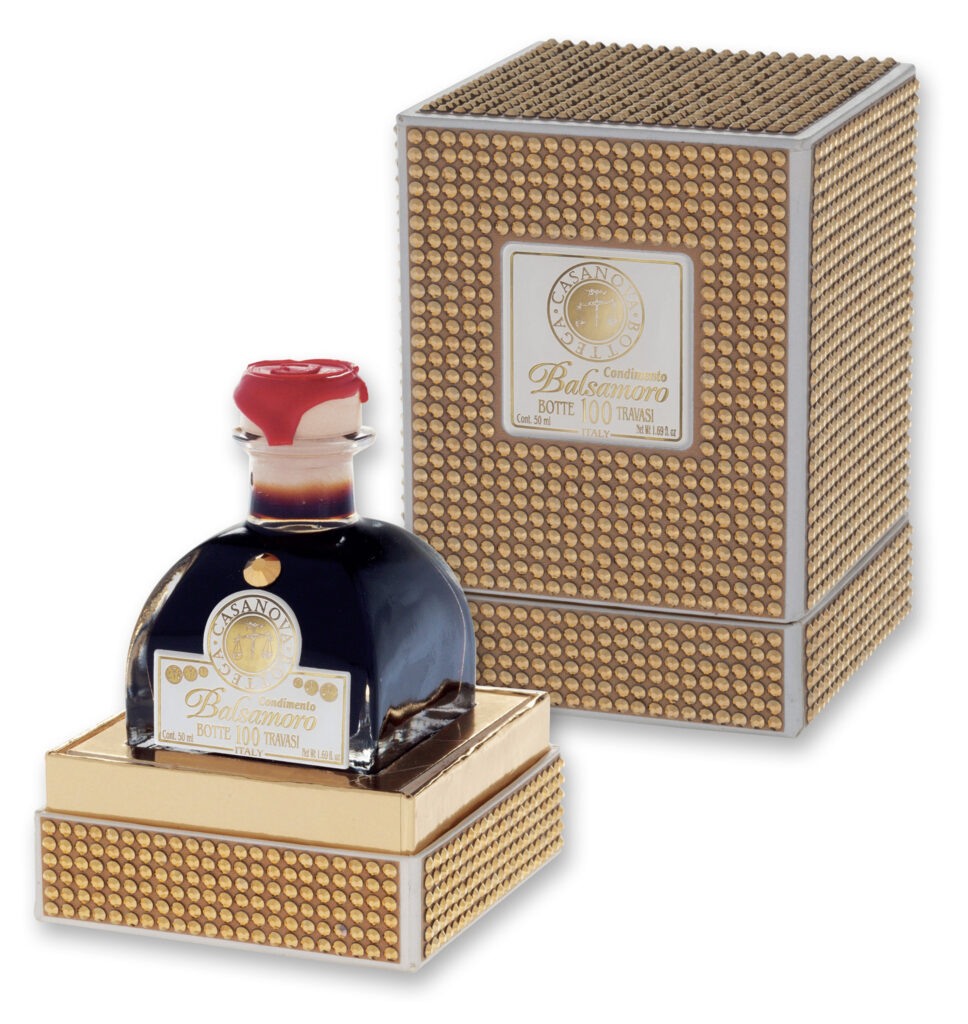 Condimento Balsamico Botte 100 BalsaMoro Strass 50 ml Casanova, bottiglia con confezione regalo.