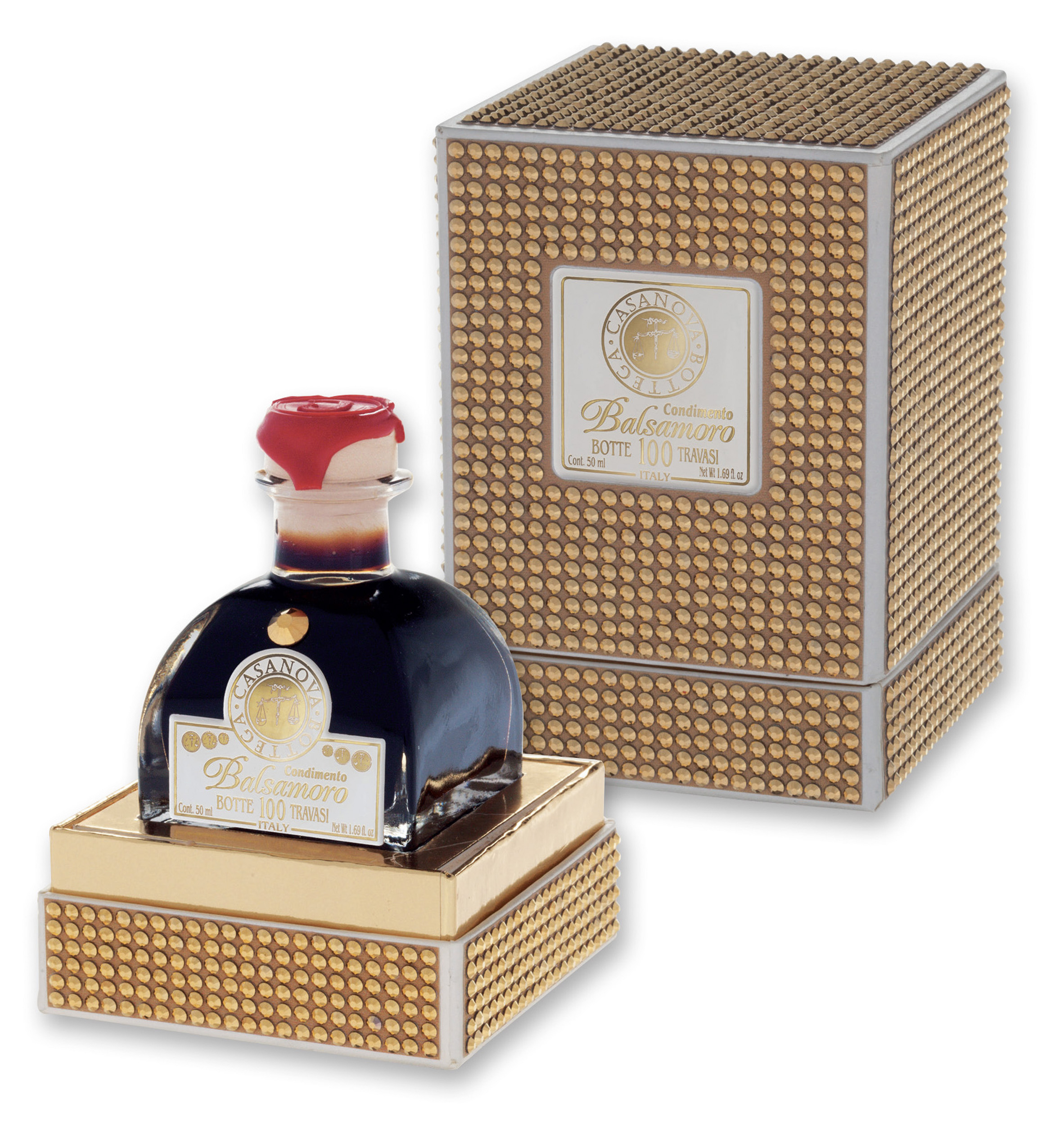 Condimento Balsamico Botte 100 BalsaMoro Strass 50 ml Casanova, bottiglia con confezione regalo.