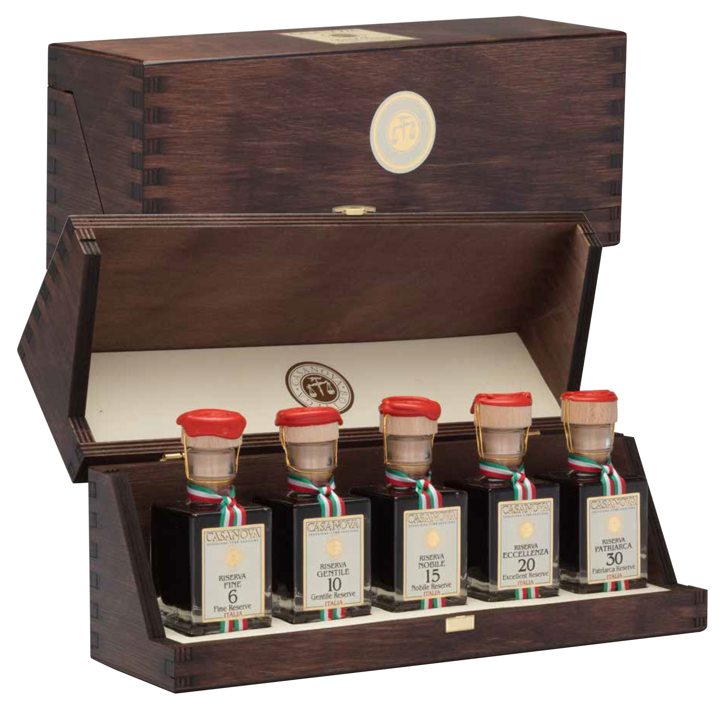Condimento Balsamico Cassetta Legno Degustazione 5x50 ml Casanova, cofanetto in legno con cinque bottiglie.