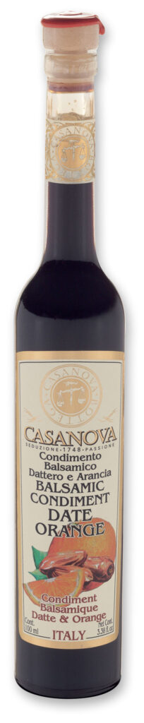 Condimento Balsamico Dattero & Arancia 100 ml Casanova, bottiglia.