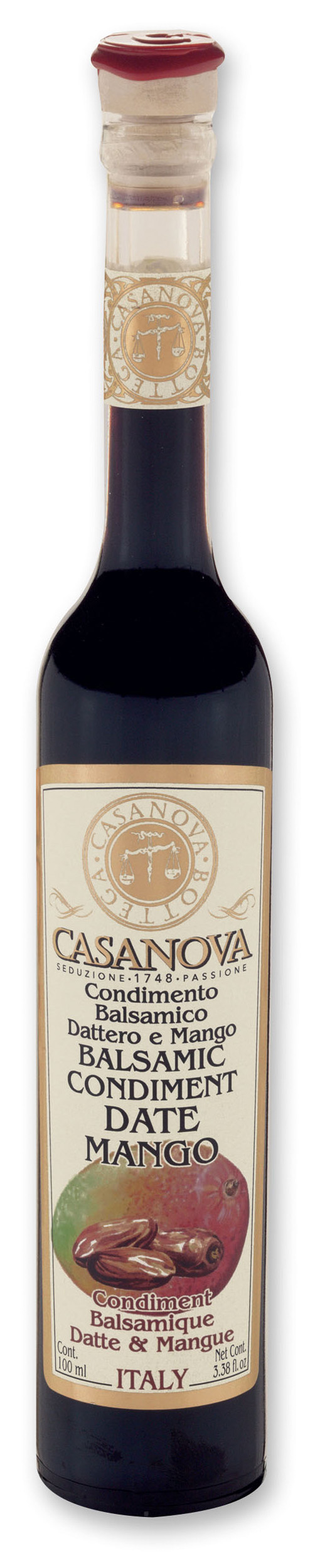 Condimento Balsamico Dattero & Mango 100 ml Casanova, bottiglia.