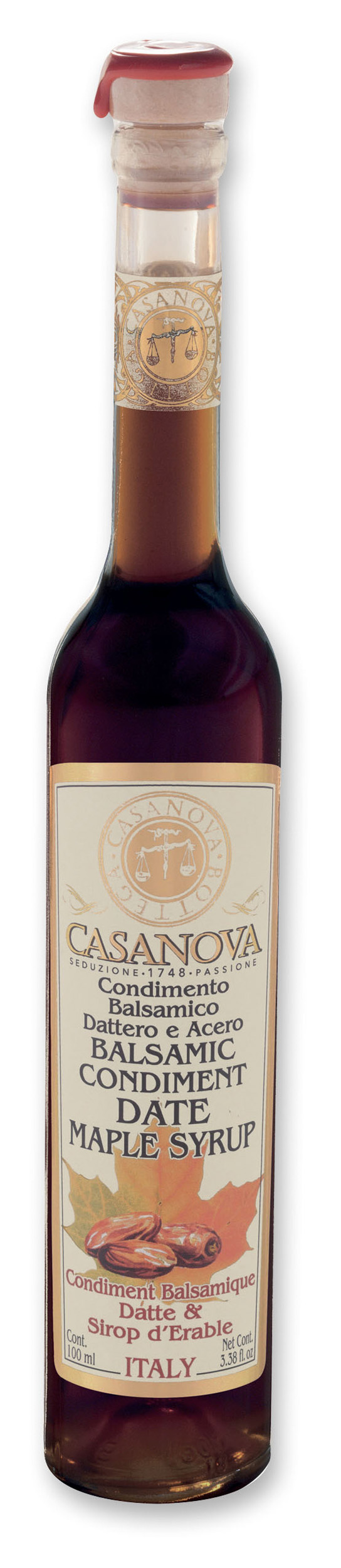 Condimento Balsamico Dattero & Sciroppo d'Acero 100 ml Casanova, bottiglia.