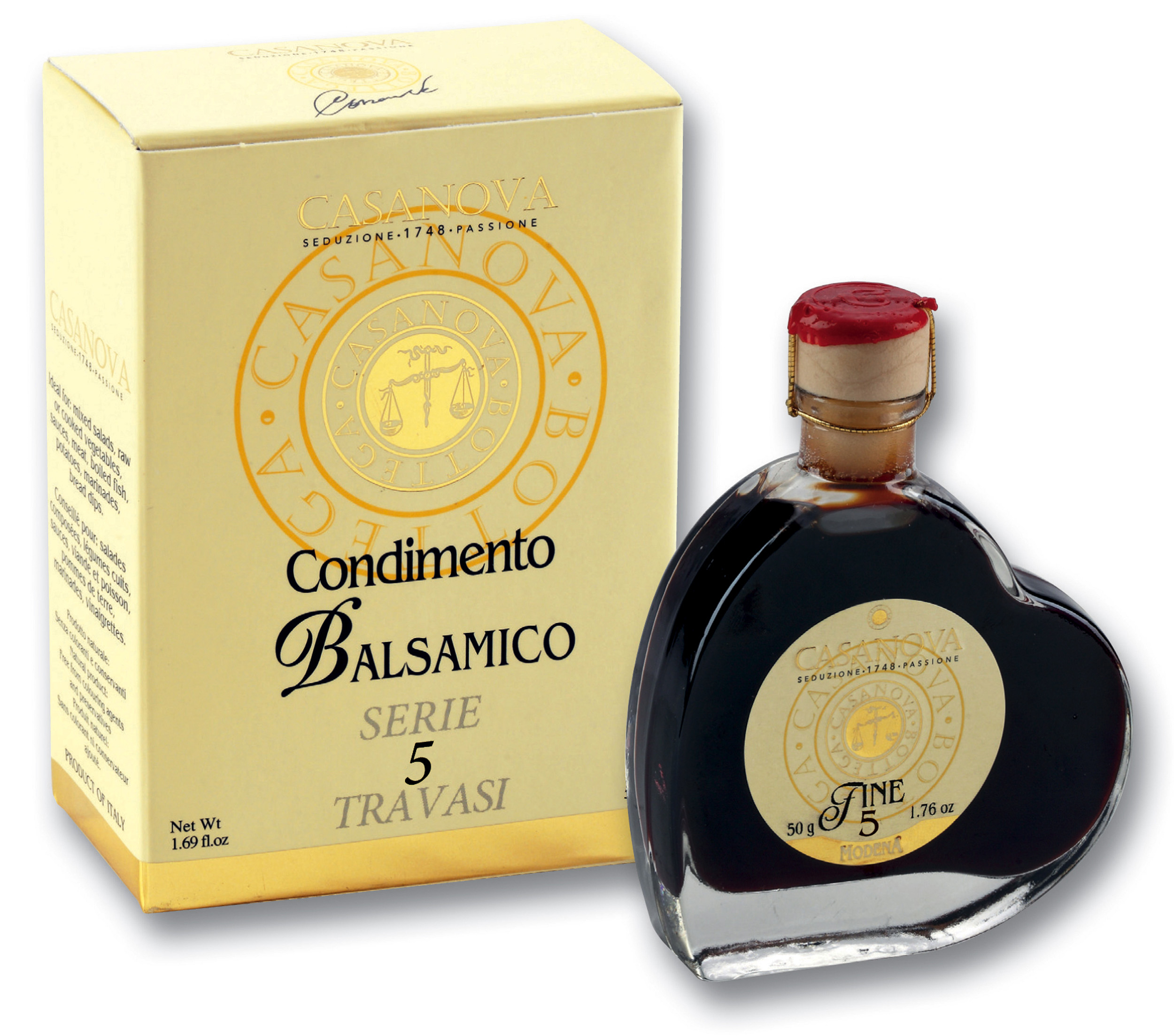 Condimento Balsamico Fine Qualità 5 50 ml Casanova, bottiglia con astuccio.