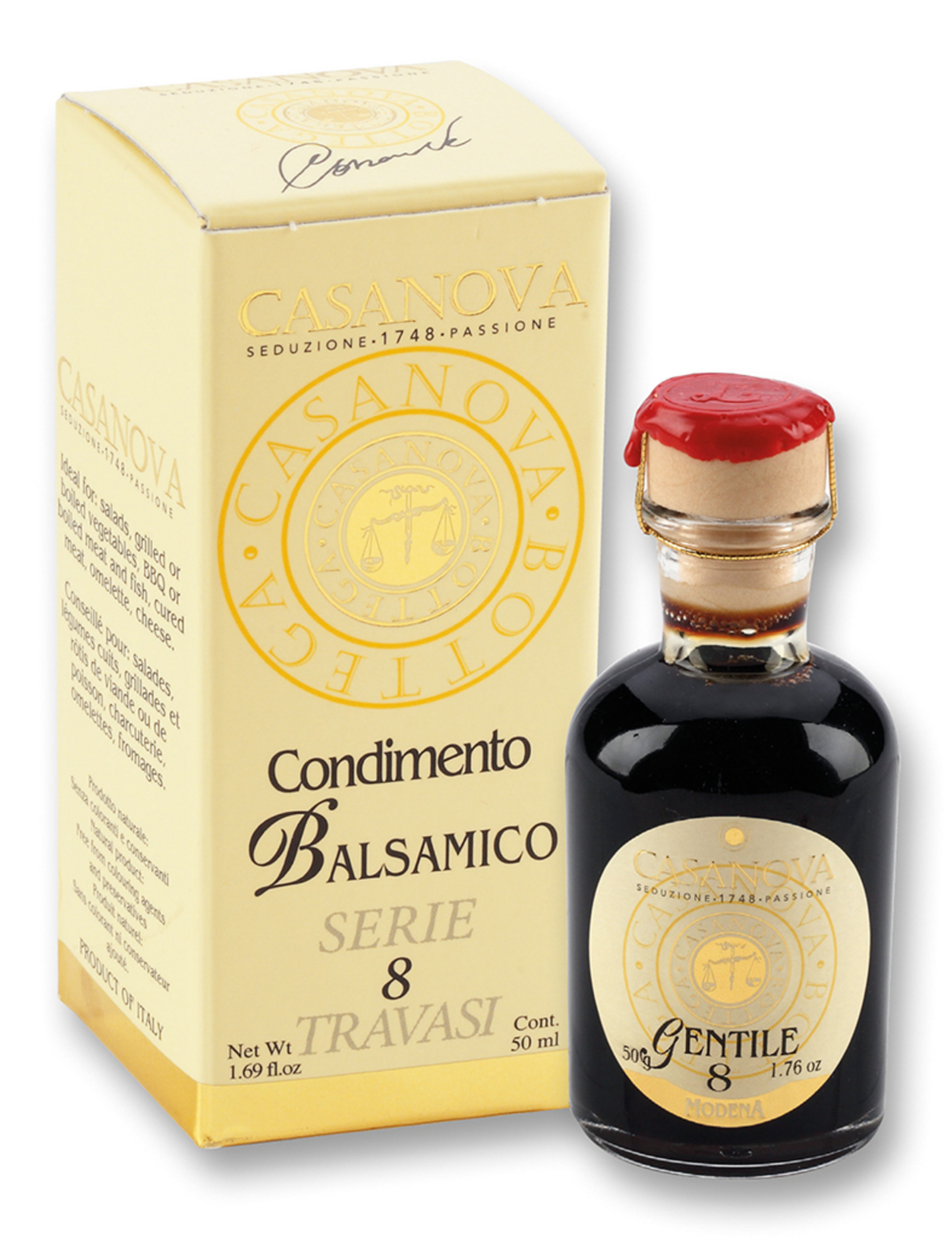 Condimento Balsamico Gentile Qualità 8 50 ml Casanova, bottiglia con astuccio.