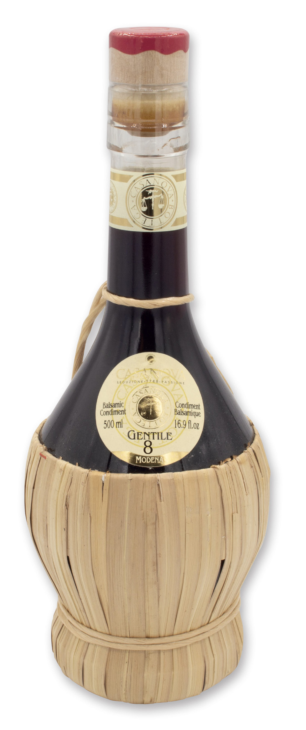 Condimento Balsamico Gentile Qualità 8 500 ml Casanova, bottiglia con rivestimento in paglia.