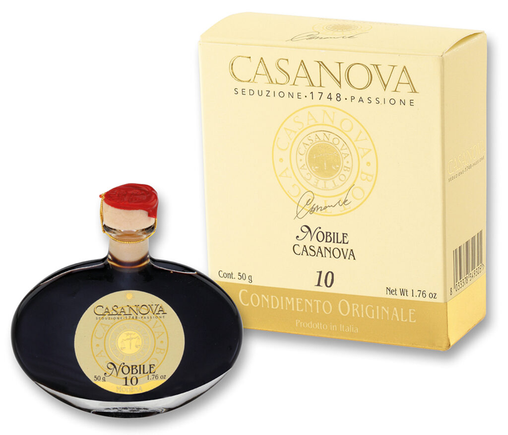 Condimento Balsamico Nobile Qualità 10 50 g Casanova, bottiglia con astuccio.