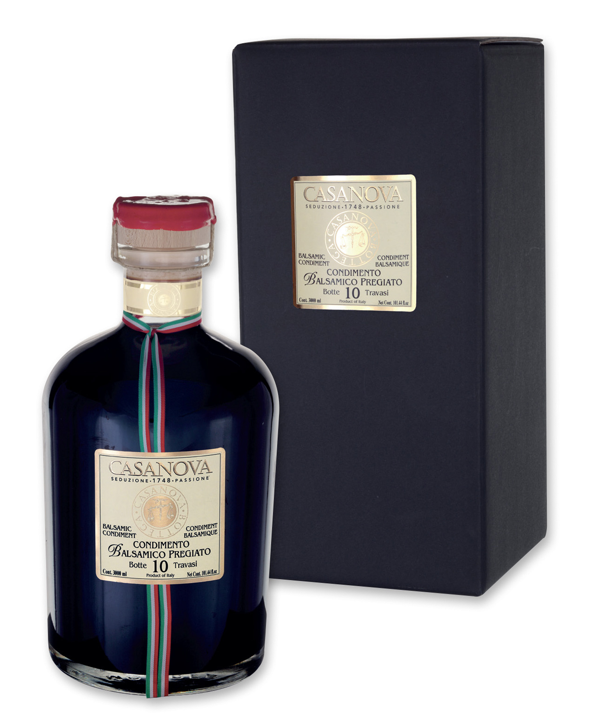 Condimento Balsamico Pregiato 10 Travasi 3 l Casanova, bottiglia con astuccio.