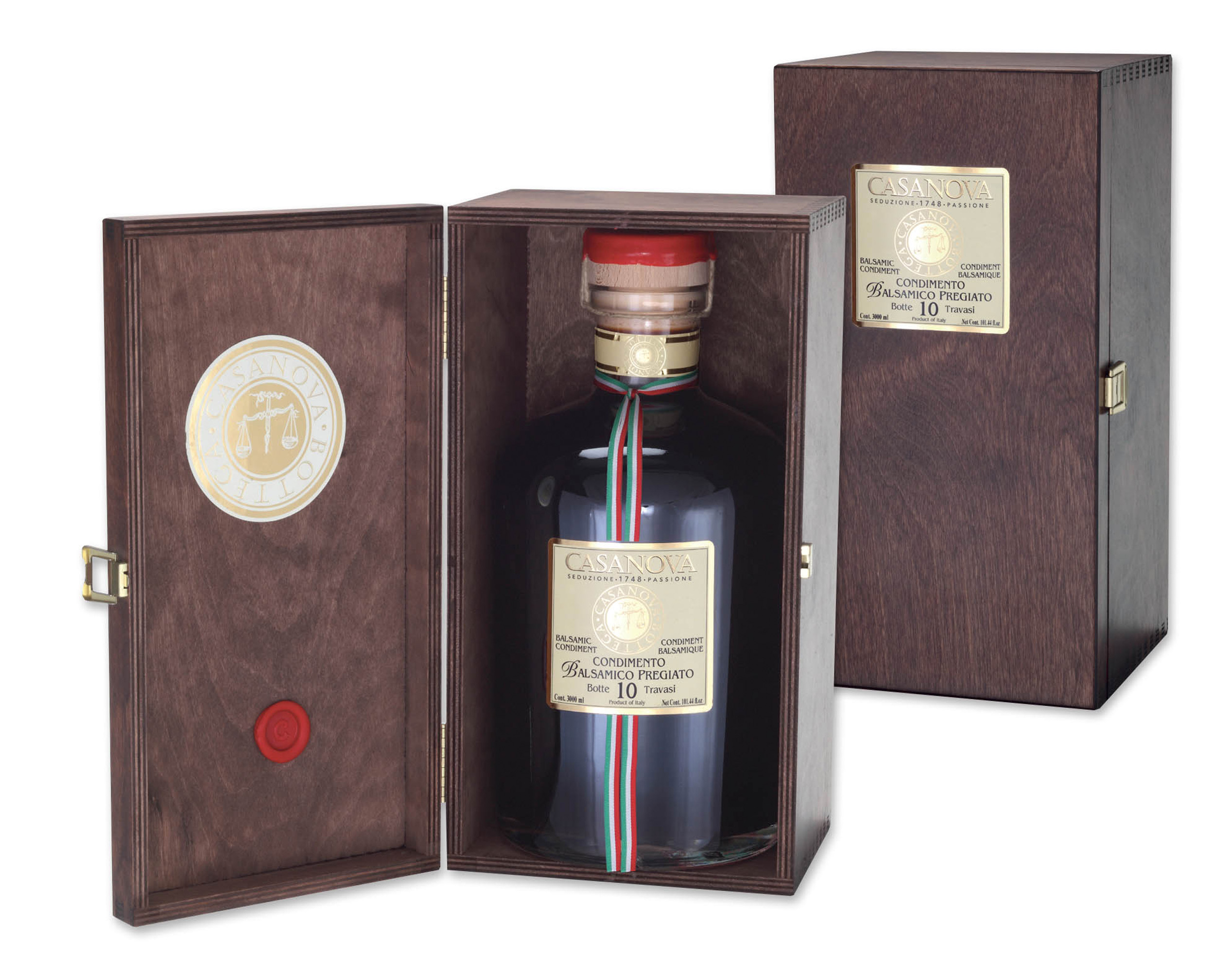Condimento Balsamico Pregiato 10 Travasi 3 l Casanova, bottiglia con cofanetto in legno.