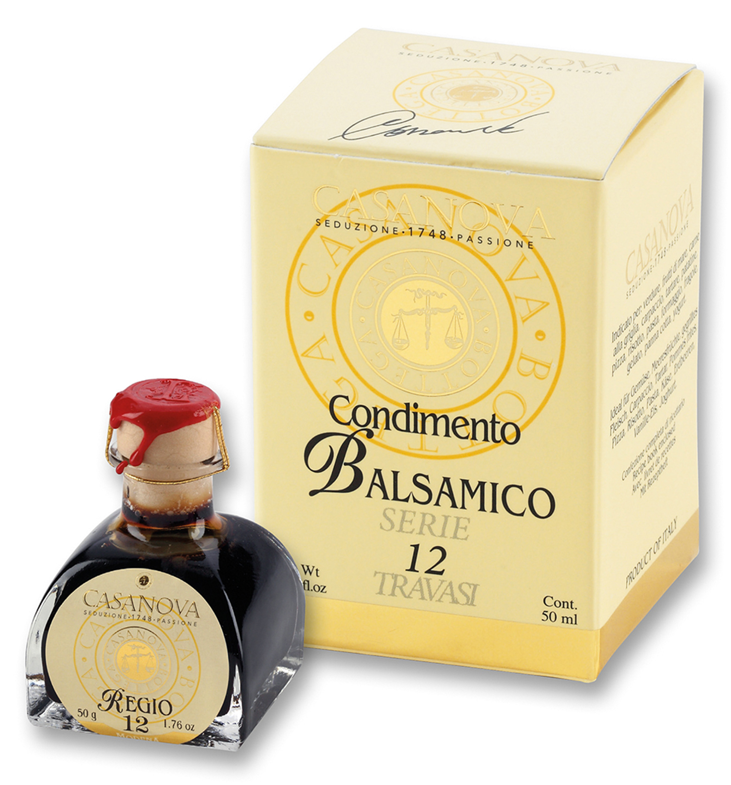 Condimento Balsamico Regio Qualità 12 50 ml Casanova, bottiglia con astuccio.