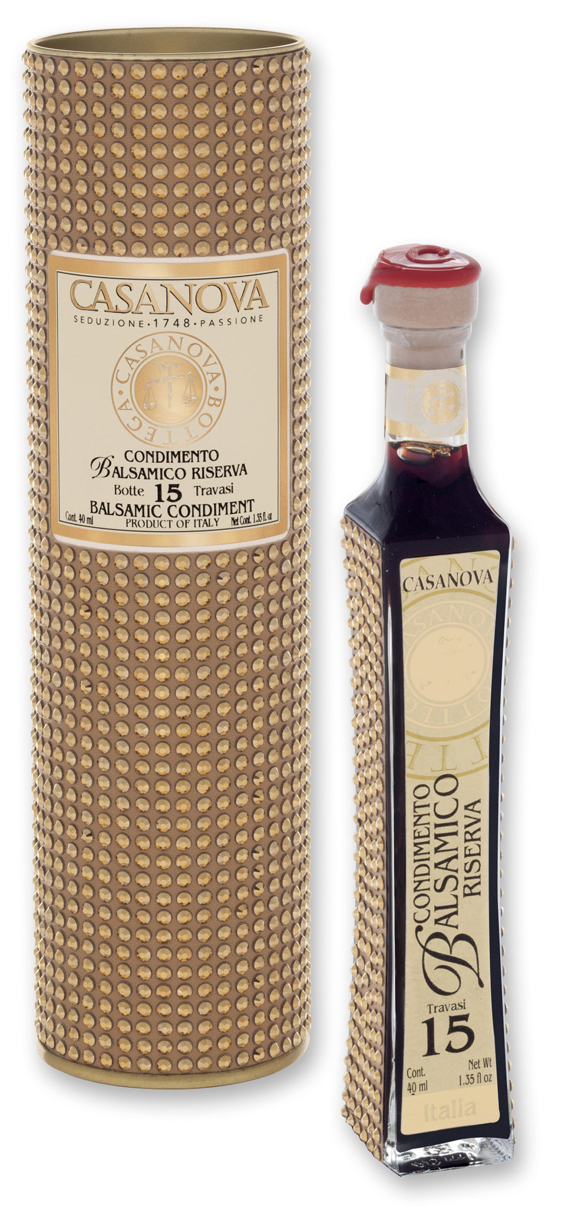 Condimento Balsamico Riserva 15 Strass 40 ml Casanova, bottiglia con confezione cilindrica.