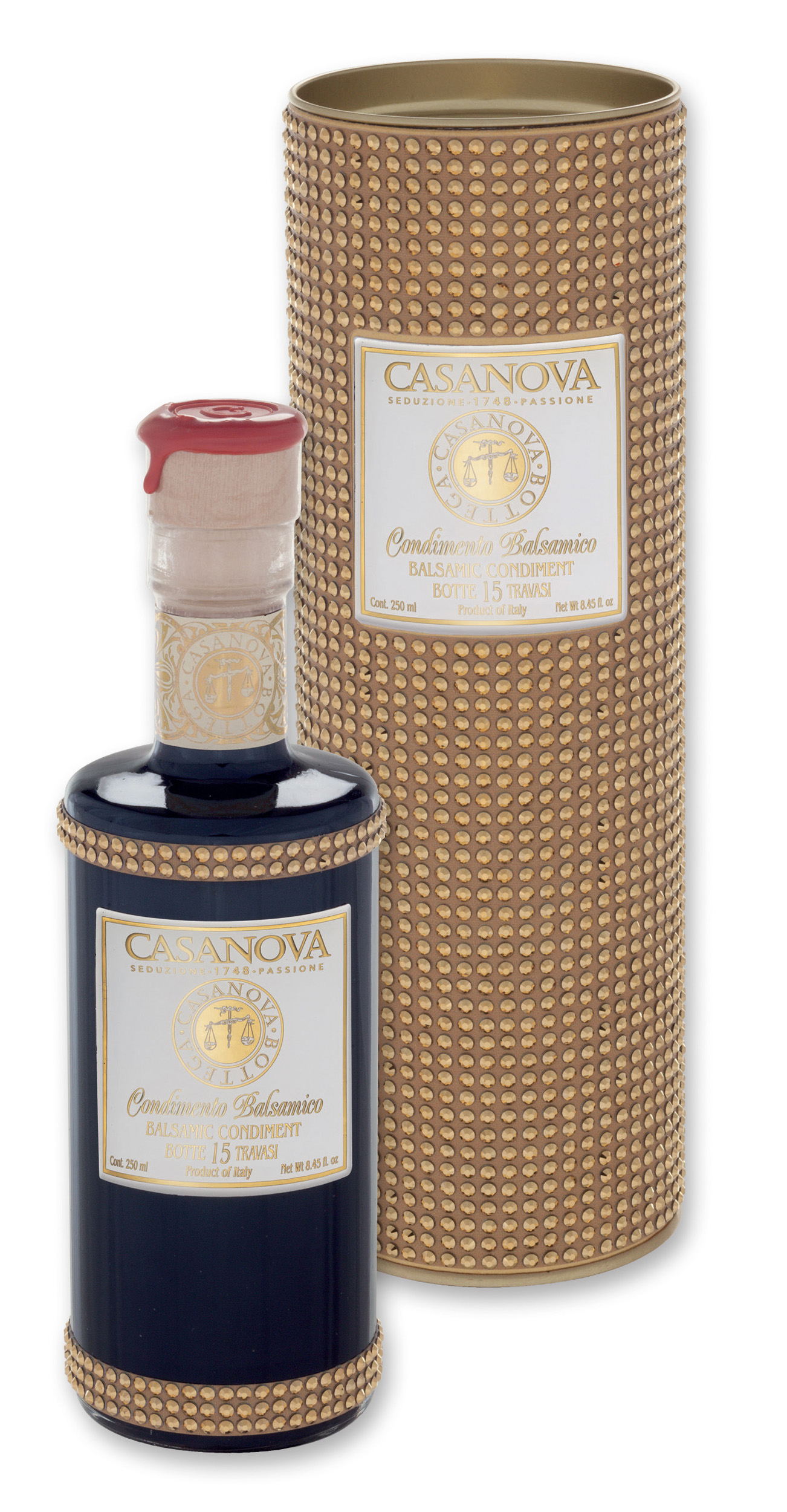 Condimento Balsamico Riserva 15 Strass Tube 250 ml Casanova, bottiglia con confezione cilindrica.