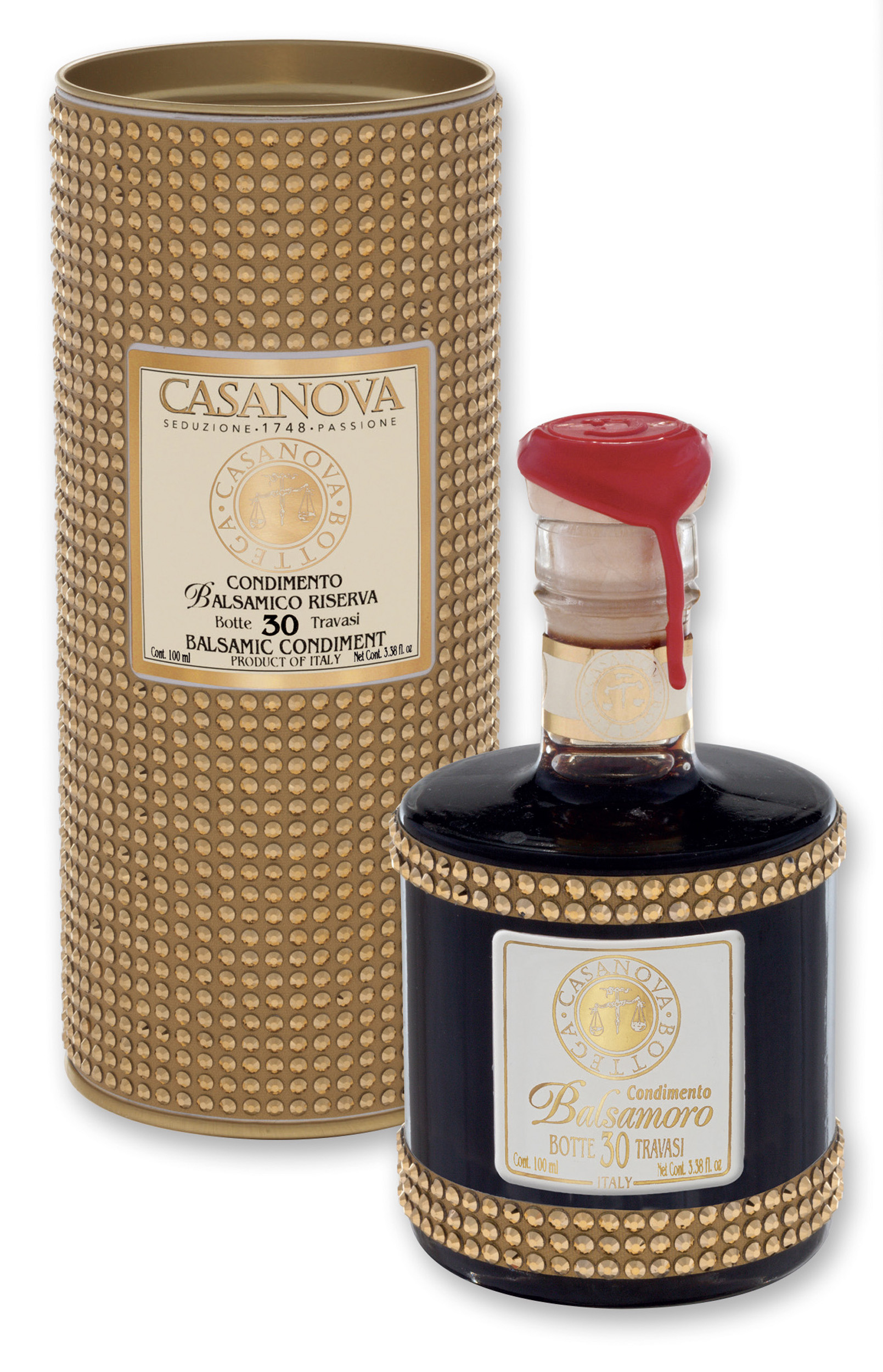 Condimento Balsamico Riserva 30 BalsaMoro Strass 100 ml Casanova, bottiglia con confezione cilindrica.