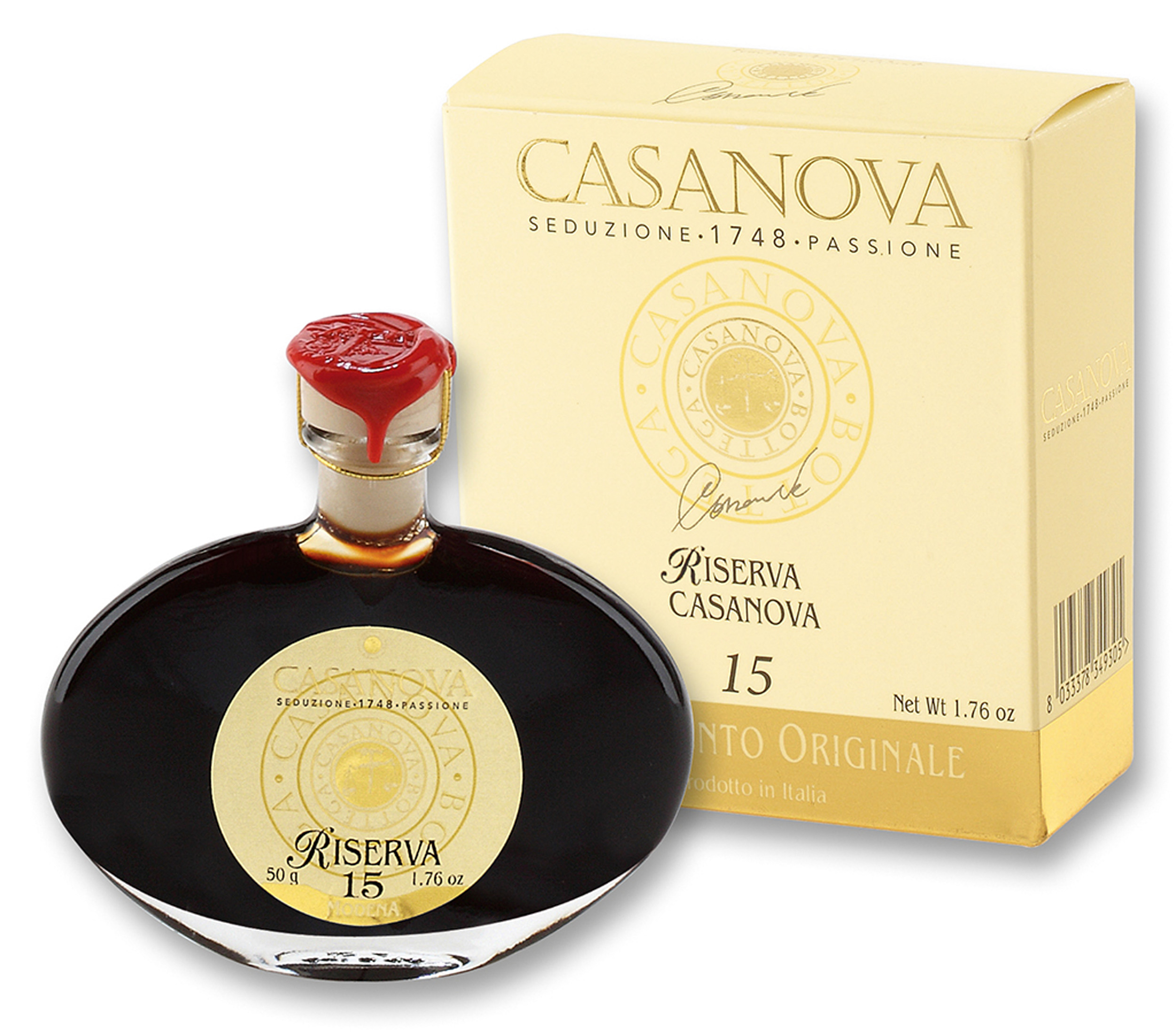 Condimento Balsamico Riserva Qualità 15 50 g Casanova, bottiglia con astuccio.