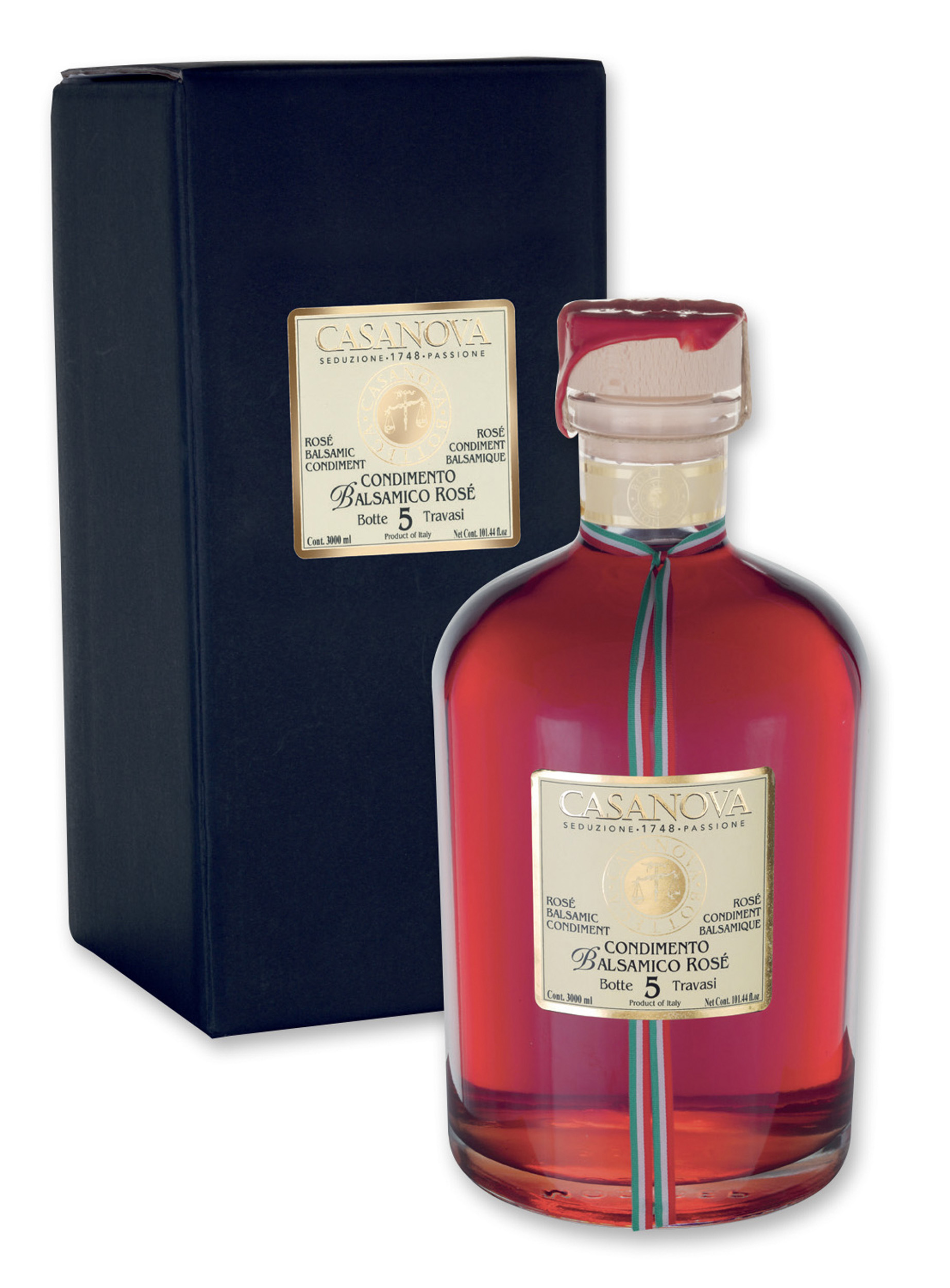 Condimento Balsamico Rosé 5 Travasi 3 l Casanova, bottiglia con astuccio.